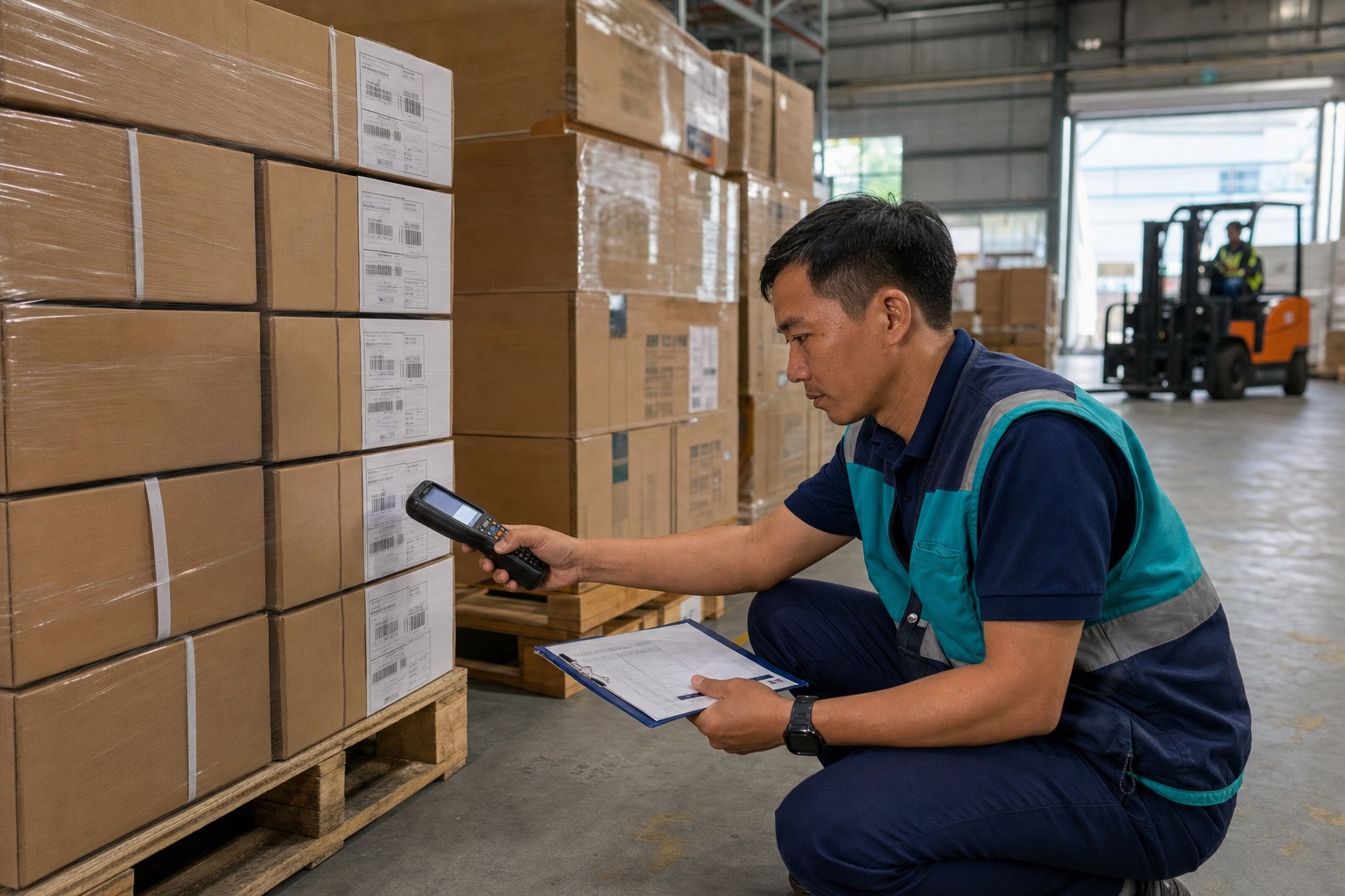Nhân viên kho quét mã và kiểm chứng hồ sơ lô hàng